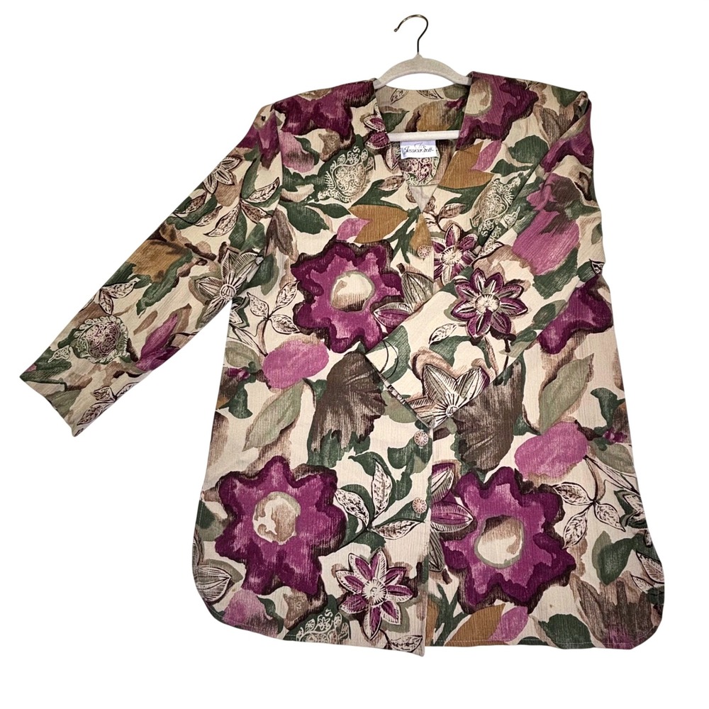 Vintage Jessica Scott Women Purple Floral Button Blouse Side Slit Long Sleeve